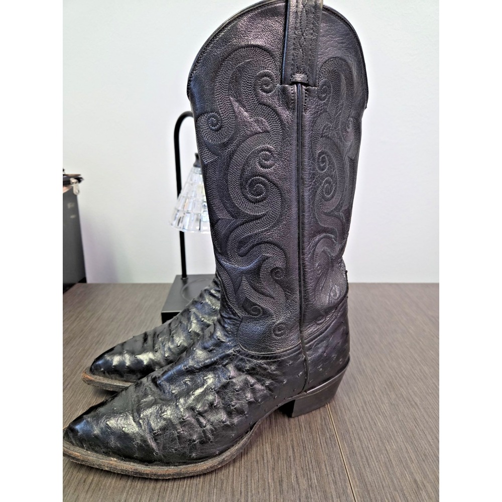 Exotic Tony‎ Lama Mens 8D Full Quill Ostrich Western Cowboy Boots Black Vintage
